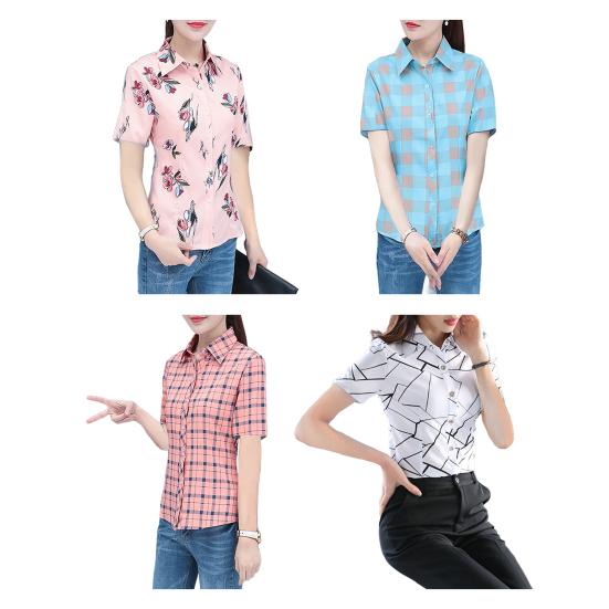 Women Shirt Flower Plaid Pattern Regular Style Shirt Buttons Placket Casual