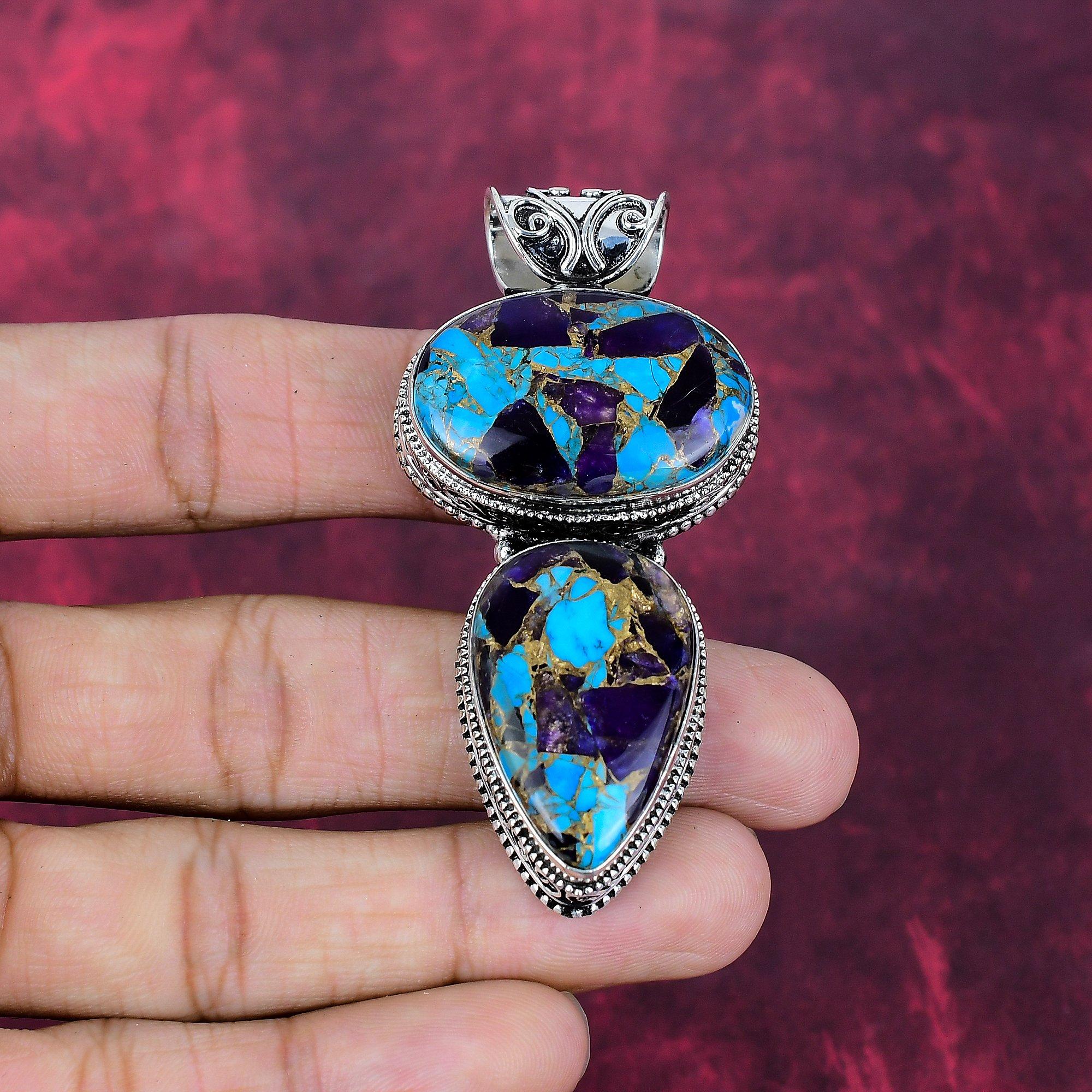 

Медный Аметист Бирюза Кулон из драгоценных камней ручной работы, Кулон из стерлингового серебра 925 пробы, Антикварные украшения, Для Дня памяти 2.75 Inches