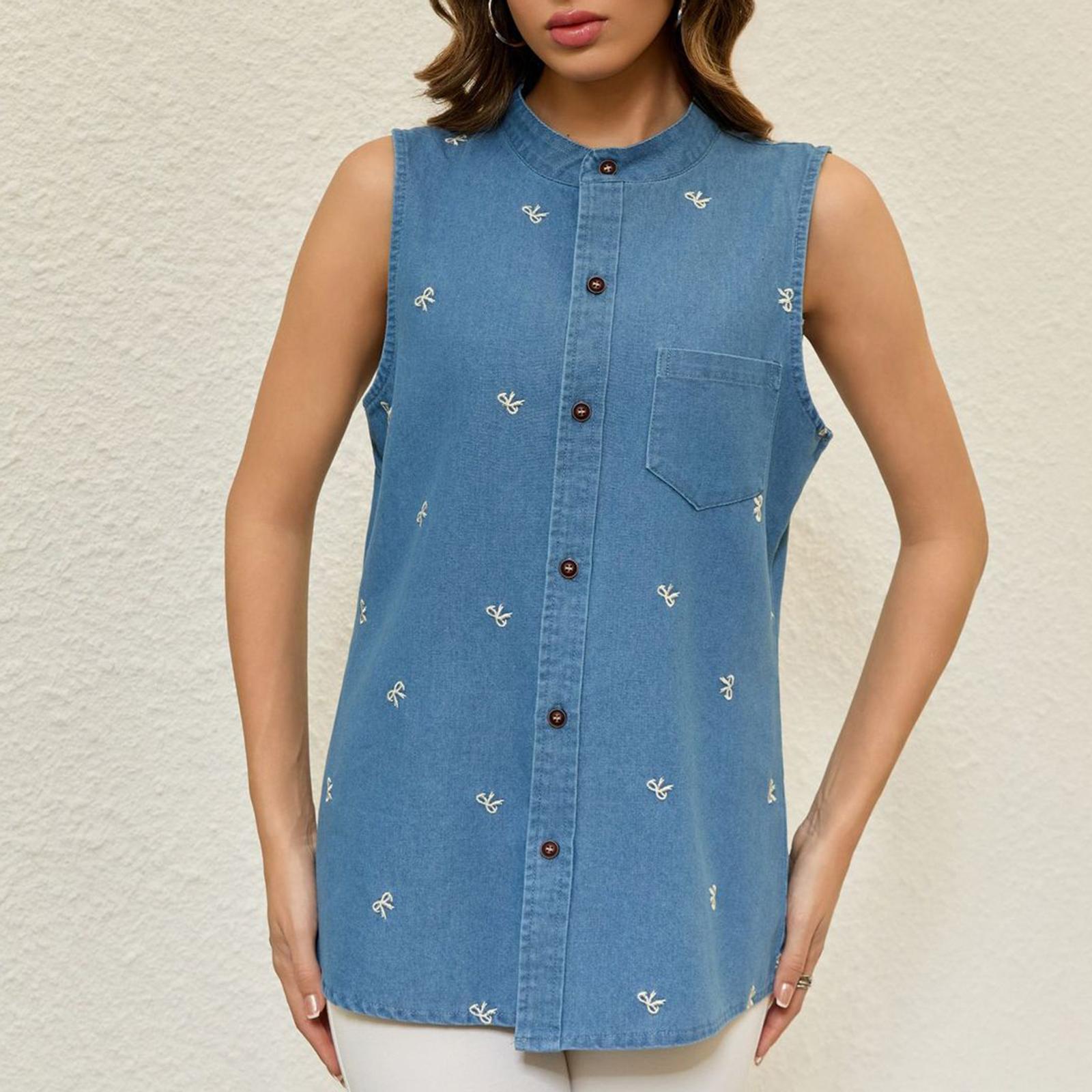 

Женский повседневный модный вышитый стираный джинсовый жилет-кардиган L синий