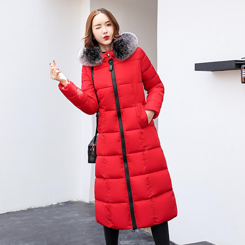 Women Winter Hooded Fur Collar Jacket Coat Parka Thicken Warm Long Chaqueta Slim Zipper Pocket Solid Color