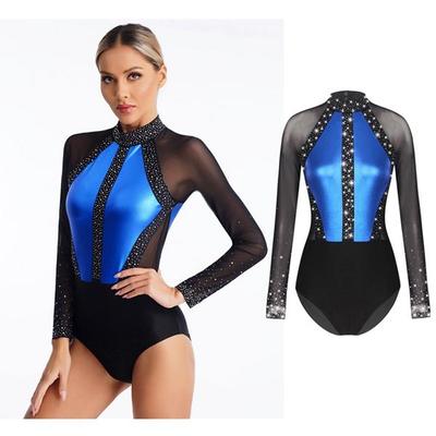 Women Sparkling Rhinestones Latin Unitard Gymnastics Competition Ballet Long Sleeve Mesh Splice Bodysuit Fancy Skating Dress