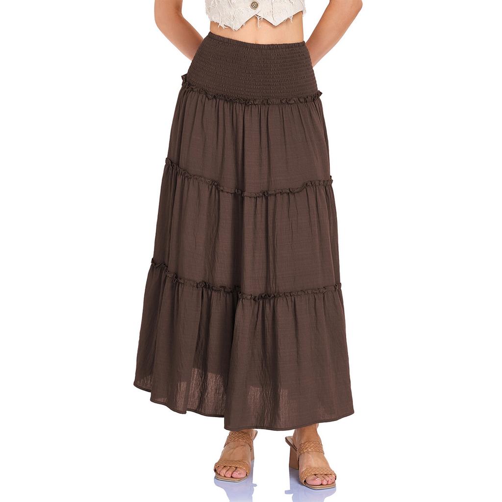 Women's Fashion Pleated Floral Print Elastic Waist Loose Splicing A Line Pocket Skirt