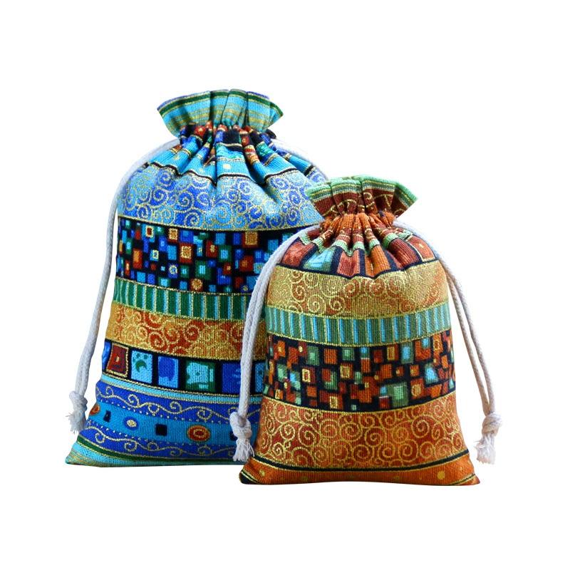 1/10PCS Ethnic Style for Weddings Christmas Stripe Buddhist Beads Sorting Bag Drawstring Pocket Bag Bohemian Jewelry Bag Cotton