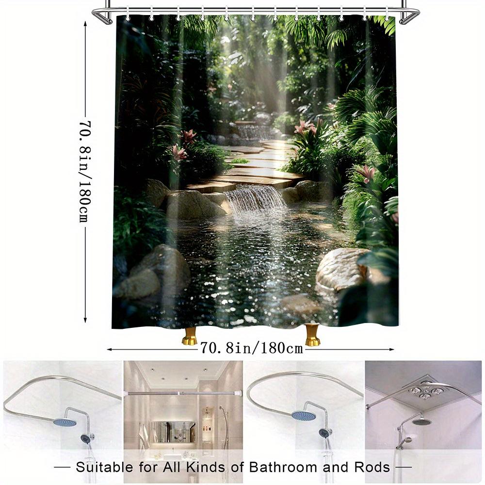 1pc Tropical Garden Shower Curtain - Jungle Bathroom Decor with Waterfall, Large Bath Curtain (70.8x70.8 Inches), Machine Washab