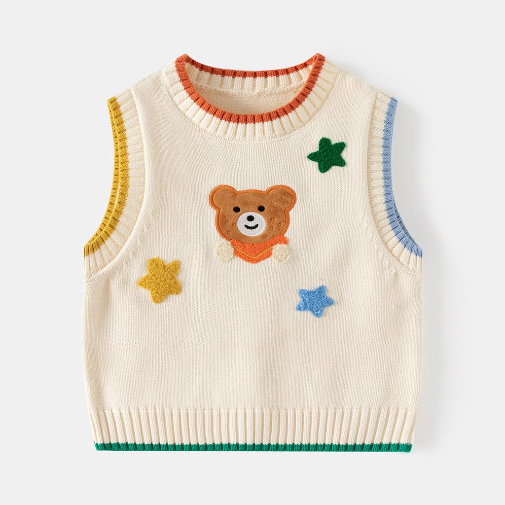 Cartoon Bear Pattern Sleeveless Pullover Knit Vest For Kids Boys And Girls