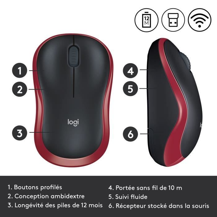 Souris - Sans fil - Logitech - M185 - Rouge - Ambidextre