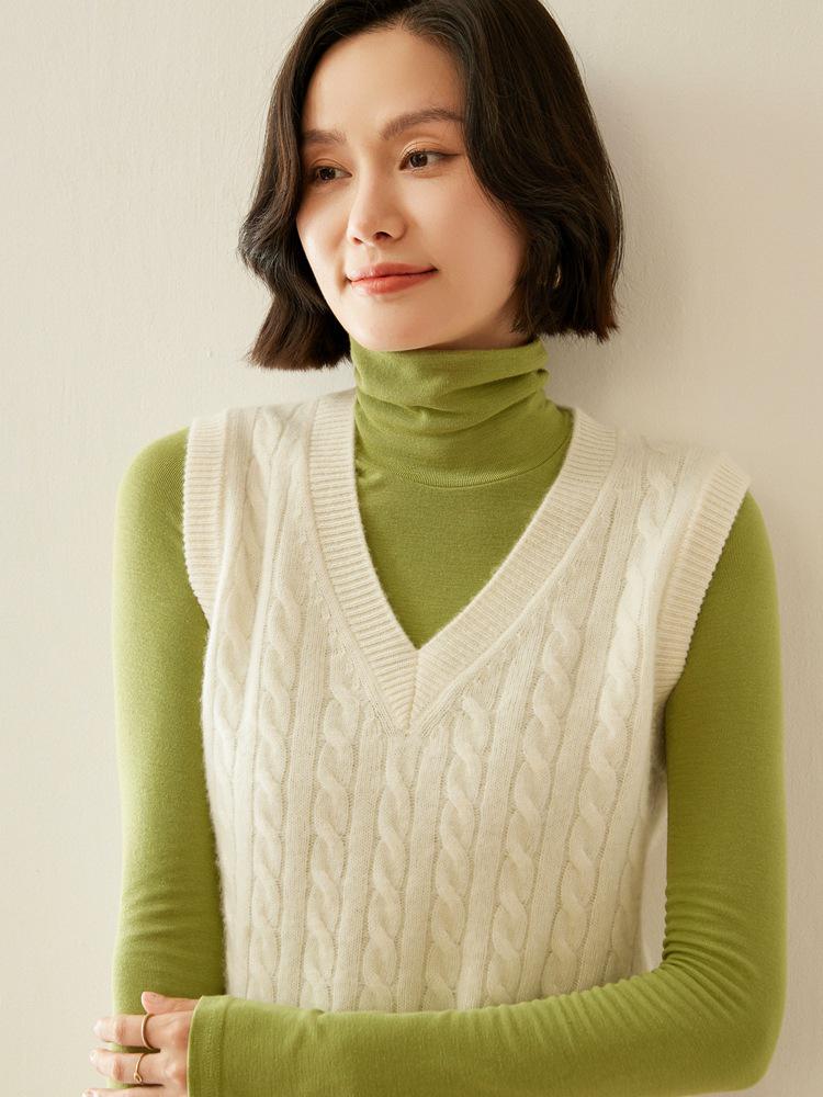 Women's V-neck Cashmere Cable Knit Sleeveless Vest Cardigan Sweater