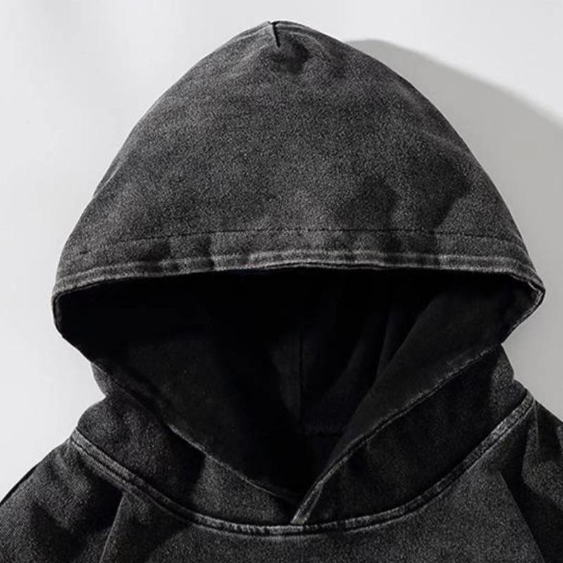 Retro Washed Distressed Loose-Fit Hooded Sweatshirt, 260g Pure Cotton, Drop-Shoulder, Plain Design