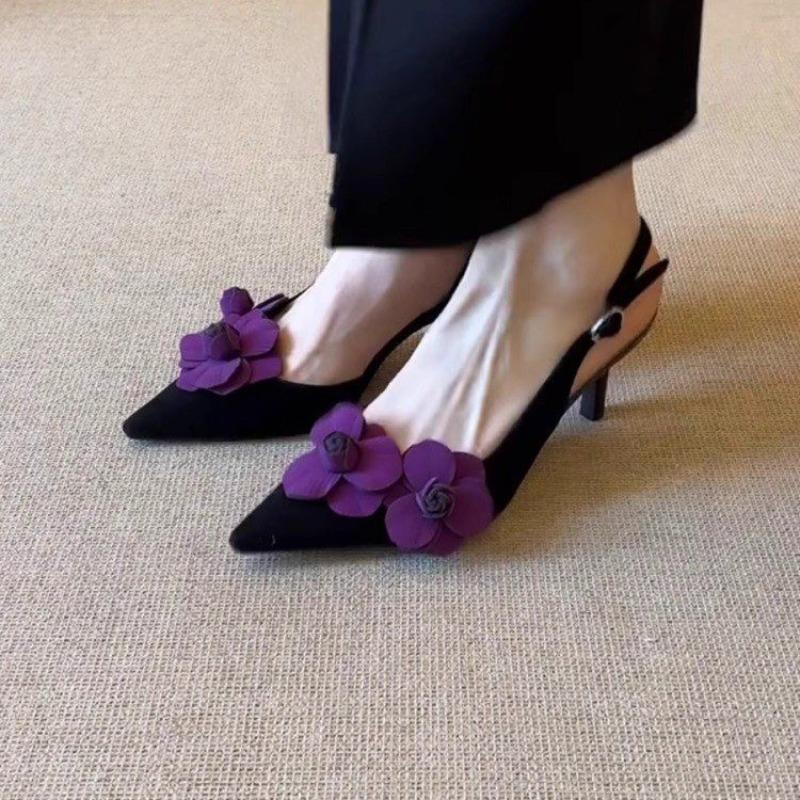 Retro Pointed Toe Three-dimensional Flowers Beautiful Baotou Sandals Women's Outer Wear Stiletto Heel Back Trip Strap Sandals