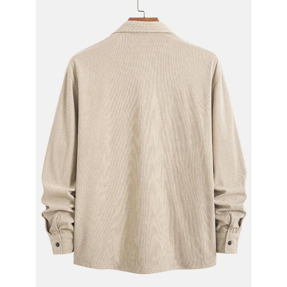 Men Corduroy Shirt Long Sleeve Plaid Solid Color Wrinkle Free Business Casual Slim Fit Top