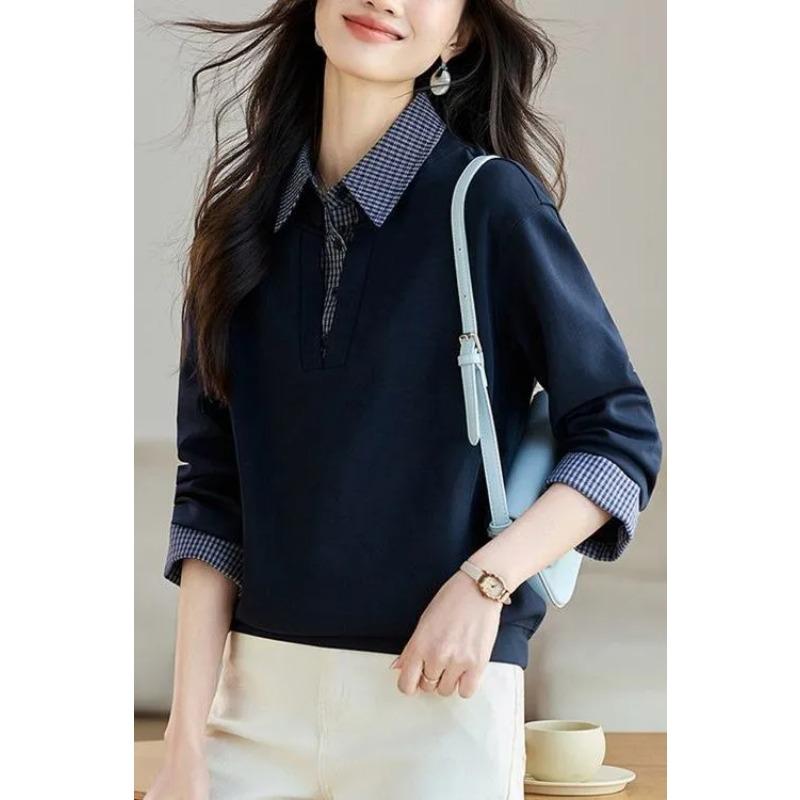 

Women Navy Blue Gingham Contrast Collar Half Placket Long Sleeve Sweatshirt M темно-синий