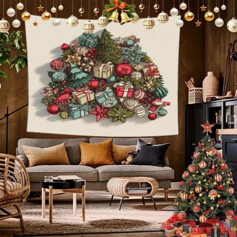 Christmas Tree Ornament Wall Tapestry White Background Red Gold Ball Star Hanging Decoration Aesthetic Holiday Home Decor