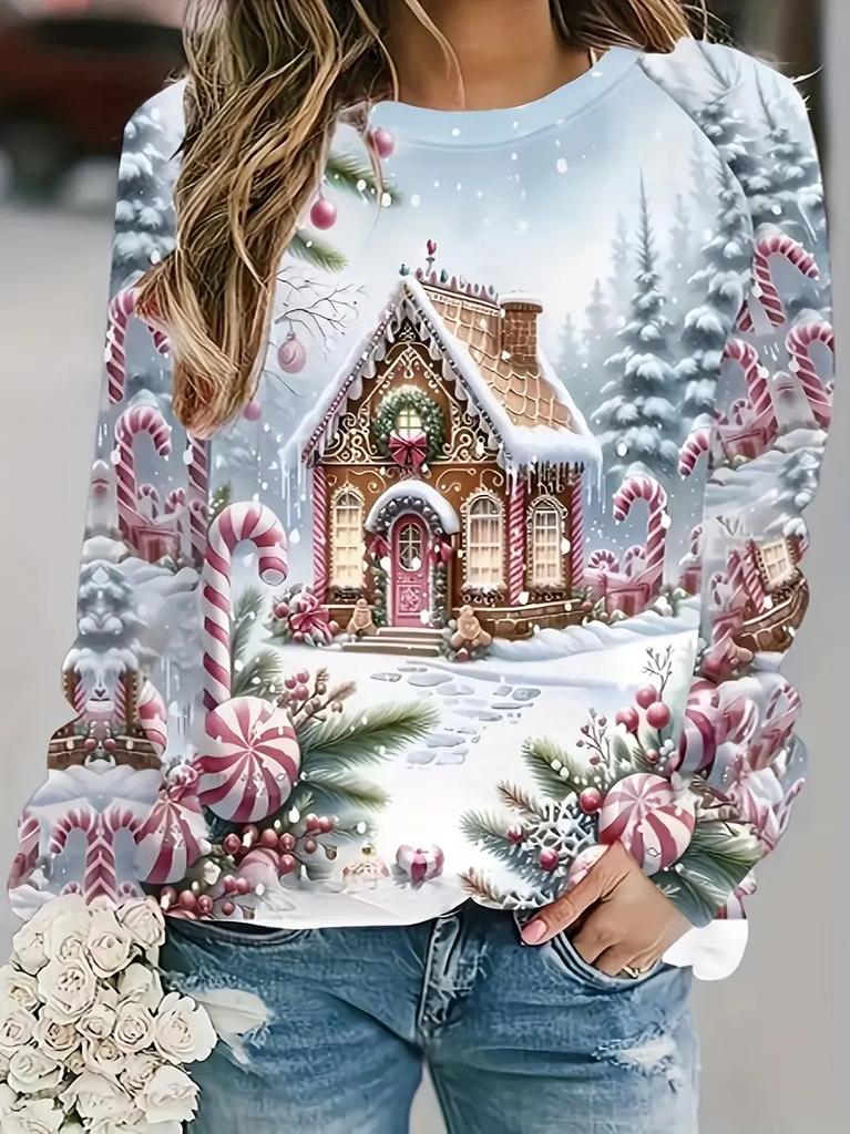 Women Christmas Sweatshirt 3D Print Cute Cat Snowman Print Long Sleeve Crewneck Pullover Festive Wear Fall Winter Holiday Tops