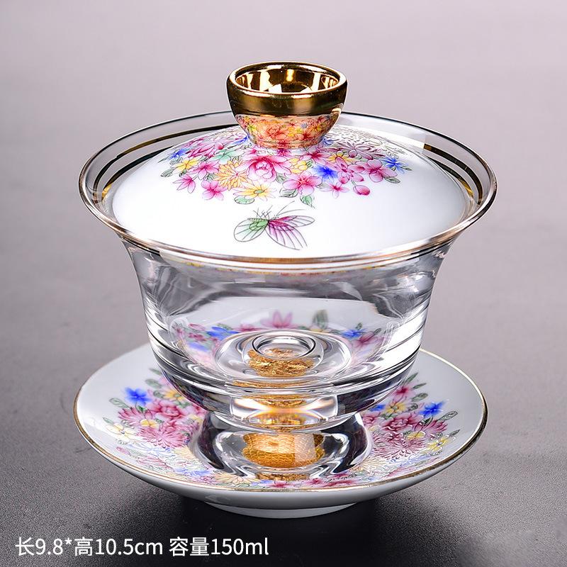 Enamel Colored Glass Gaiwan Puer Tea Bowls Crystal Tea Bowl Tureen Lid Bowl Lotus Hand Drawing Gaiwan for Travel Gai Wan Cup Set