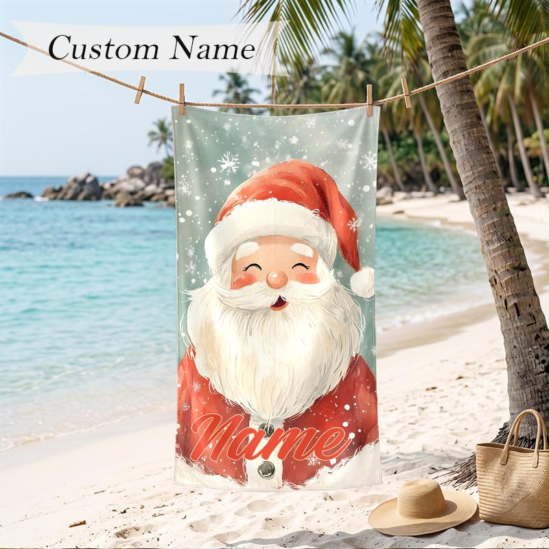 Jolly Santa Claus Custom Name Printed Beach Towel Personalized Soft Towel For Swimming Beach Travel