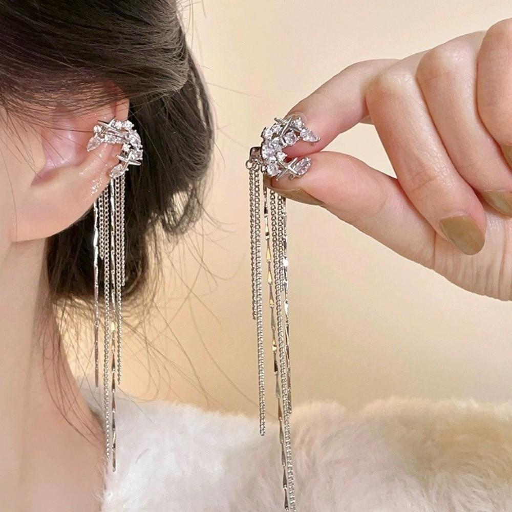1 Pair Long Tasse Ear Cuff Shiny Zircon Tassel Earring No Piercing Earring  Female Accessories