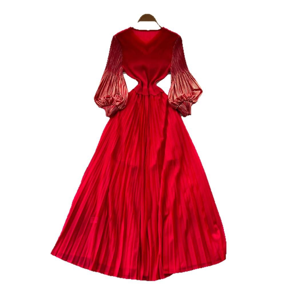 Celebrity Court Style Bubble Sleeve Dress Women's Autumn Fringed Design Sense Light Familiar Imperial Sister Temperament Big Pendulum Long Skirt