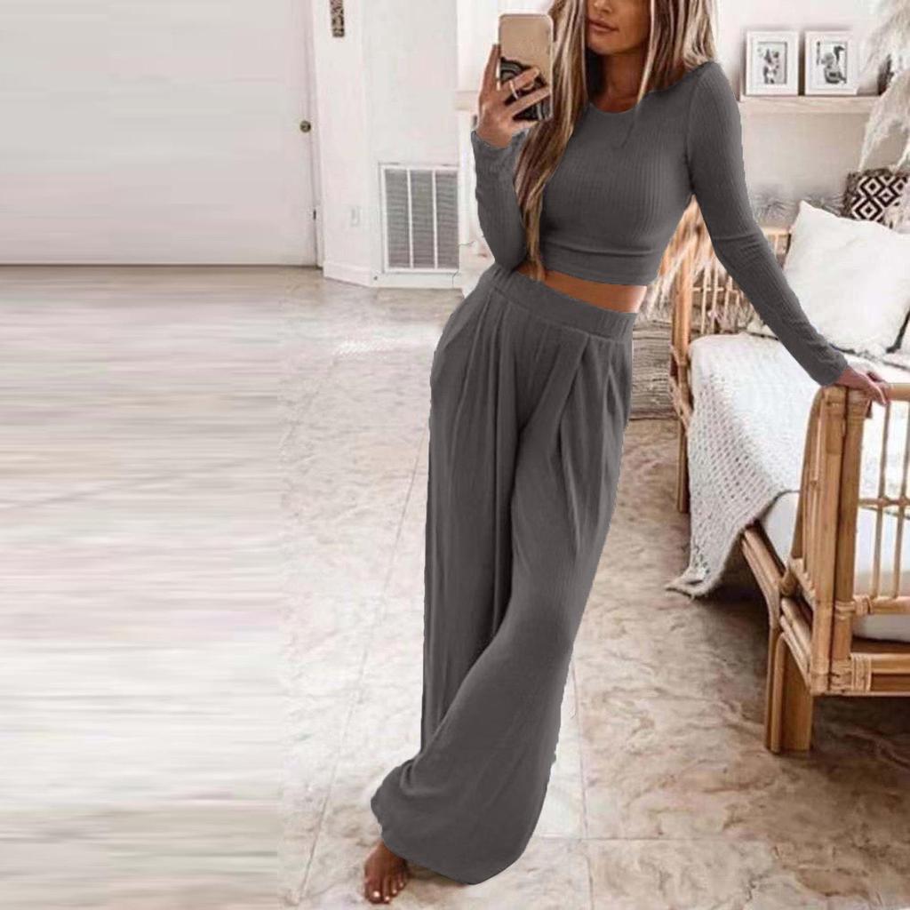 Women's Solid Color Knitted Casual Two-Piece Set - Autumn/Winter Collection