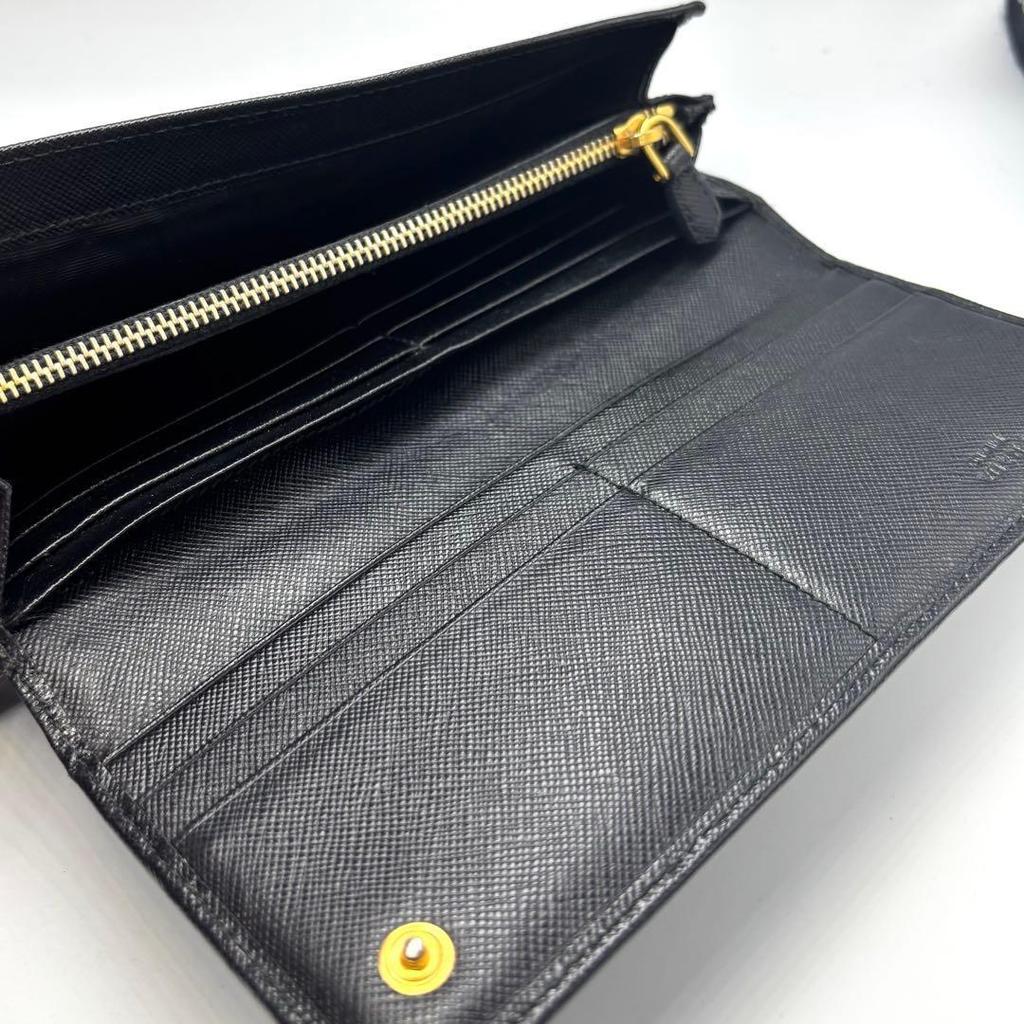 Used PRADA Saffiano Leather Long Wallet Black Gold Hardware With Box and Card