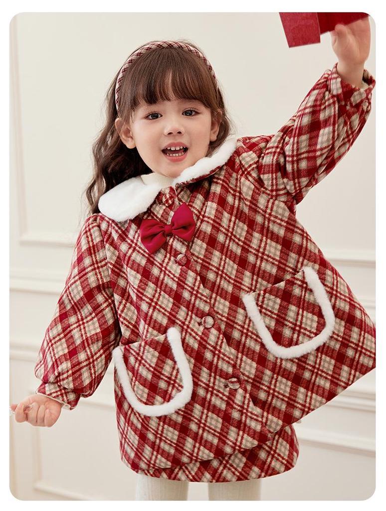 Girls' Red Woolen Jacket - Stylish Autumn/Winter Coat with Plus Velvet for Children