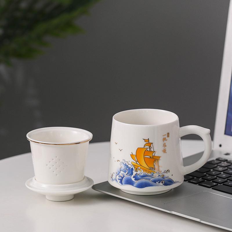 Guochao Style Ceramic Teacup with Filter - Chinese Tea & Water Separation, Customizable Logo for Office Gift