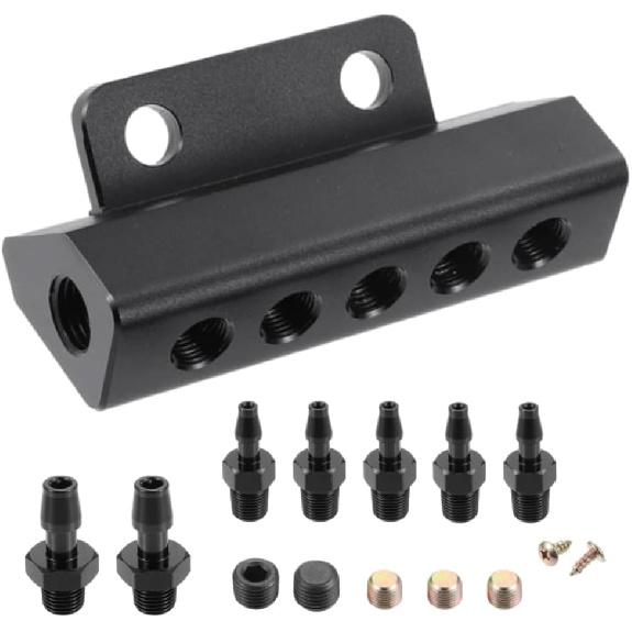 Riloer 1 Set Car Vacuum Block Intake Manifold Kit Equipped with Five 1/8  Vacuum Ports and Two 1/2  NPT Interfaces, Compatible with Most Universal
