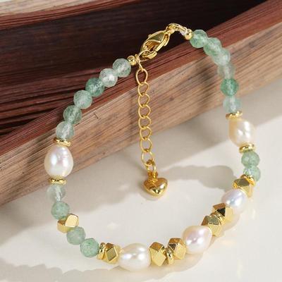 Green Strawberry Crystal & Pearl Stackable Bracelet - Chinese Style Versatile Hand Jewelry