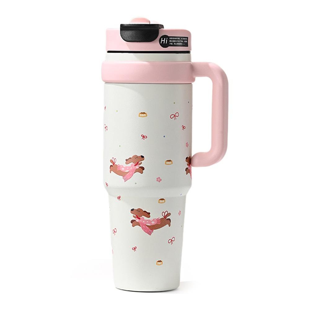 

With Lid And Straw Cartoon Vacuum Cup 1000ML Thermal Water Bottle Direct Drinking Cup for Student рожевий