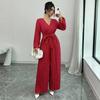 Damen V-Ausschnitt Langarm Plissierter Jumpsuit Mit Taillengürtel Eleganter Weiter Bein Romper