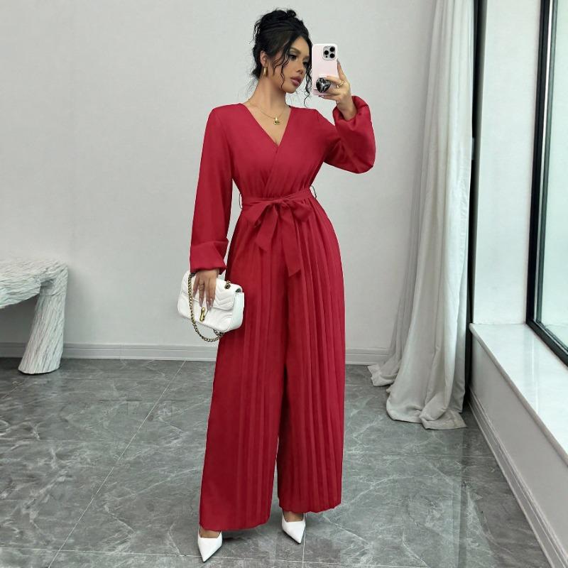 

Women V Neck Long Sleeve Pleated Jumpsuit With Waist Belt Elegant Wide Leg Romper S червоний