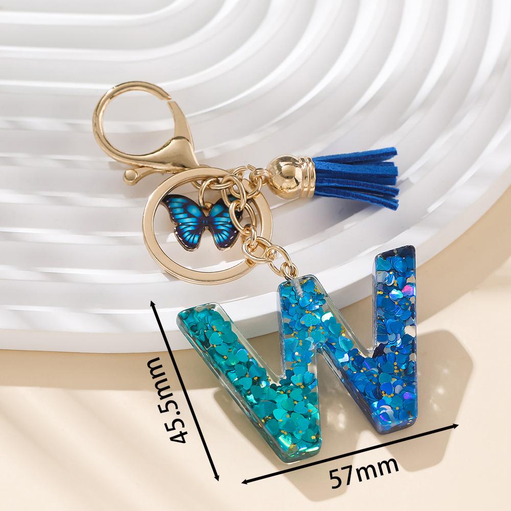 1pc Alloy Alphabet Initial Keychain Royal Blue Butterfly & Tassel Letter Keychain for Backpack Charm Accessory Key Ring Findings