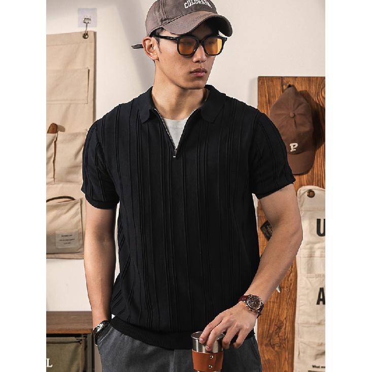 Short Sleeve Polo Shirt Men Summer Thin High-end Feel Ribbed Ice Silk Half-zip Turn-down Collar Slim Fit Knitted T-shirt