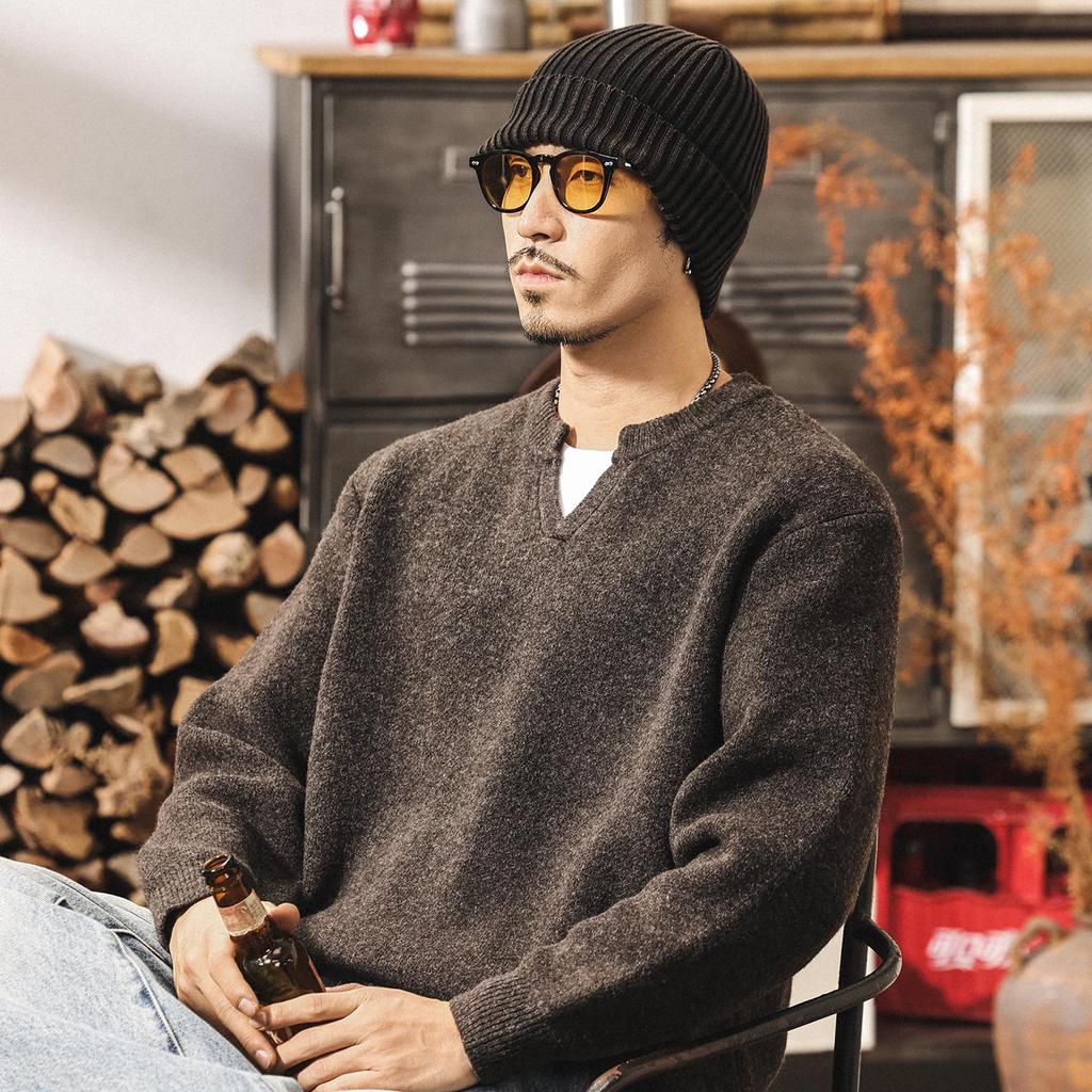 Men's Retro V-neck Wool Sweater: Winter Warmth and Plush Feel