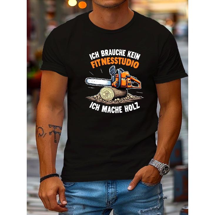 Men's funny chainsaw graphic tee, short sleeve crew neck, soft cotton blend, casual fit, ideal for outdoor work or weekend wear
