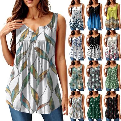 Women's Fashion Pleated Sleeveless Casual T-shirt Vest Button Top