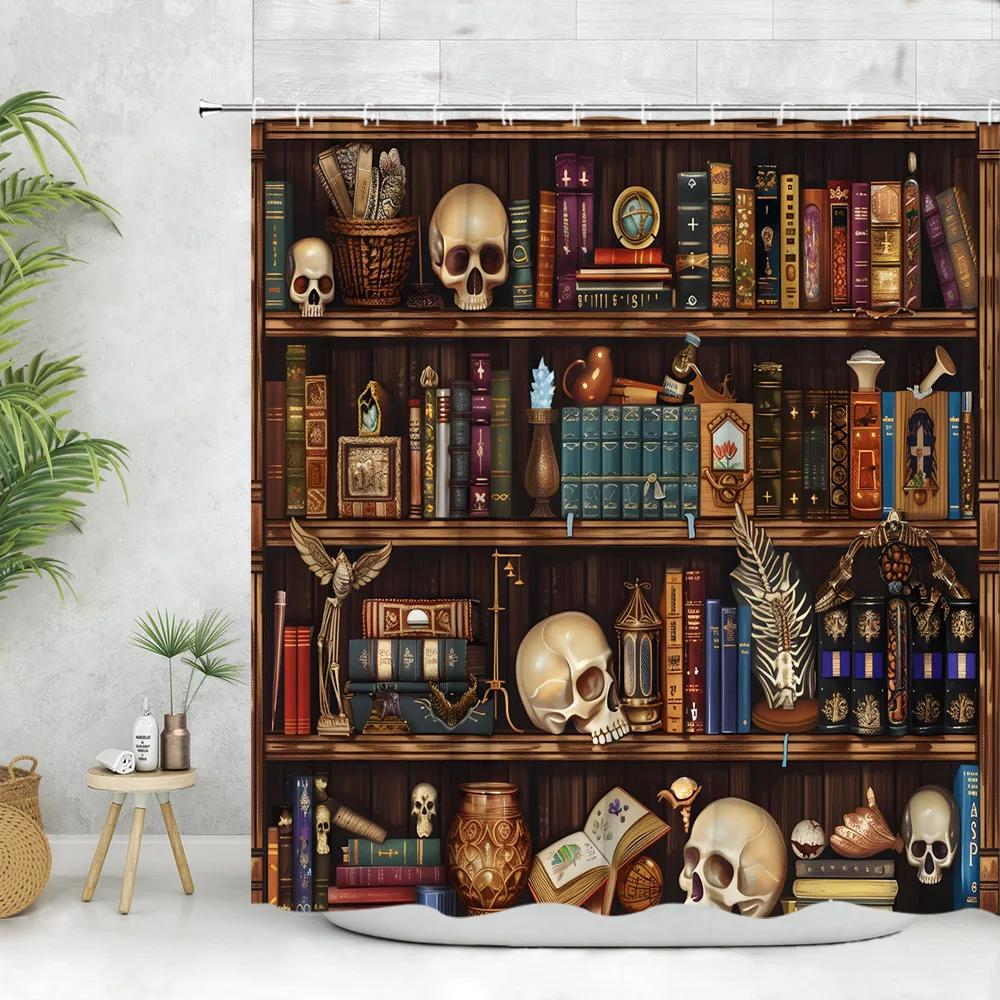 Vintage Library Shower Curtain Skull Candles Old Books Bookshelf Cat Plant Cartoon Home Polyester Fabric Bathroom Decor Curtains