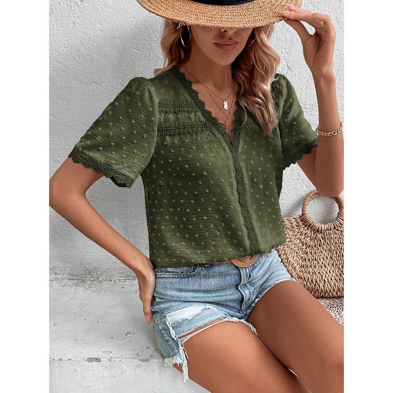 Women's Shirt Summer Casual Vacation Lace V-neck White Short Sleeve Loose Shirts for Women Elegant Tops Slim Fit Solid Color Women's Blouse New