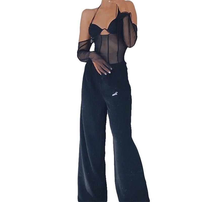 Cyber ​​Sexy Summer Halter Tops Tmavé Y2k Punk Mesh Průsvitná trička Dámské Šněrovací Techwear Černé Patchwork Split Clothes 20694