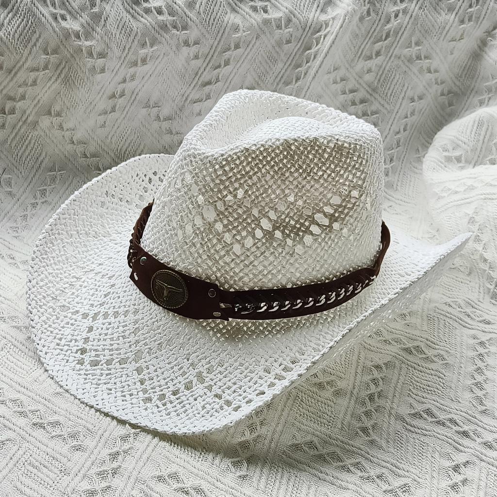 Western Straw Cowboy Hat White Straw Hat Solid Sombrero Vaquero Sunshade Jazz Hat Panama Sun Hat Sombrero Vaquero Hombre Chapea