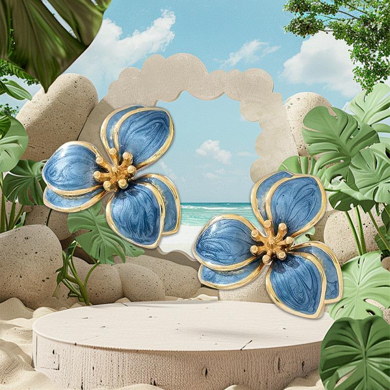 Spring and Summer Colorful Oil Dripping Flower Earrings Simple Design Double Petal Earrings for Women