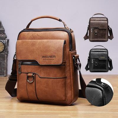 WEIXIER Premium PU Leather Men's Messenger Bags Retro Solid Color Single Shoulder Bag Waterproof Casual Business Crossbody Bags for Father's Day Gifts