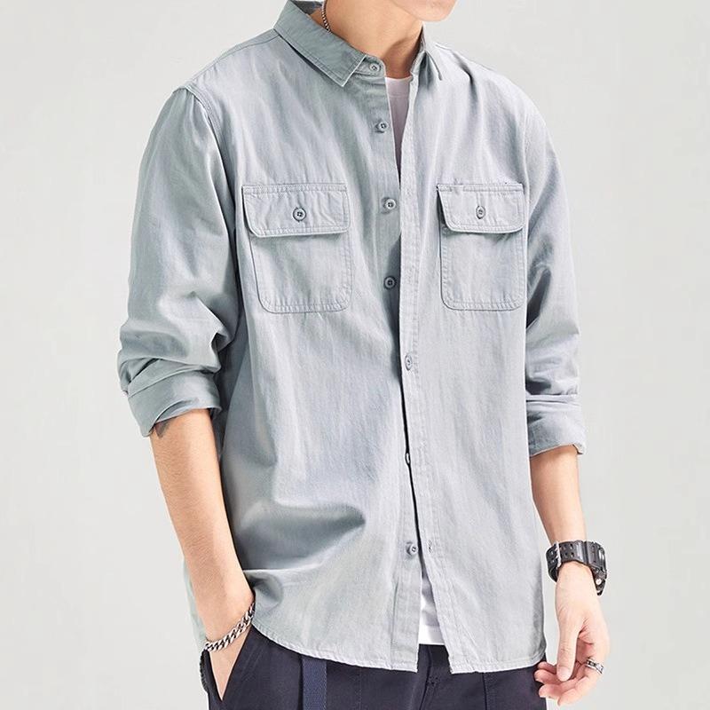 Men S Loose Long Sleeve Solid Vintage Workwear Casual Daily Shirt M серый