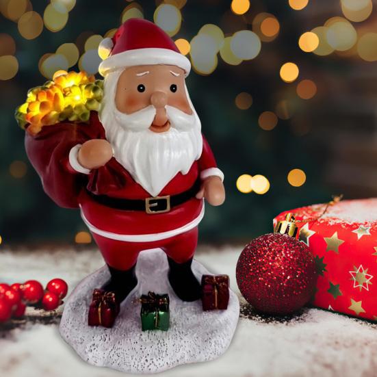 Yousheng Lighted Santa Claus Figurines Resin Santa Sculpture with Gift Bag on Back Solar Powered Light Up Christmas Statue for Indoor Outdoor Holiday