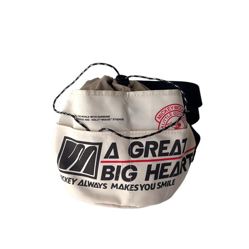 Kids Pattern Letter Drawstring Canvas Shoulder Bag With Sewn Details Use Daily