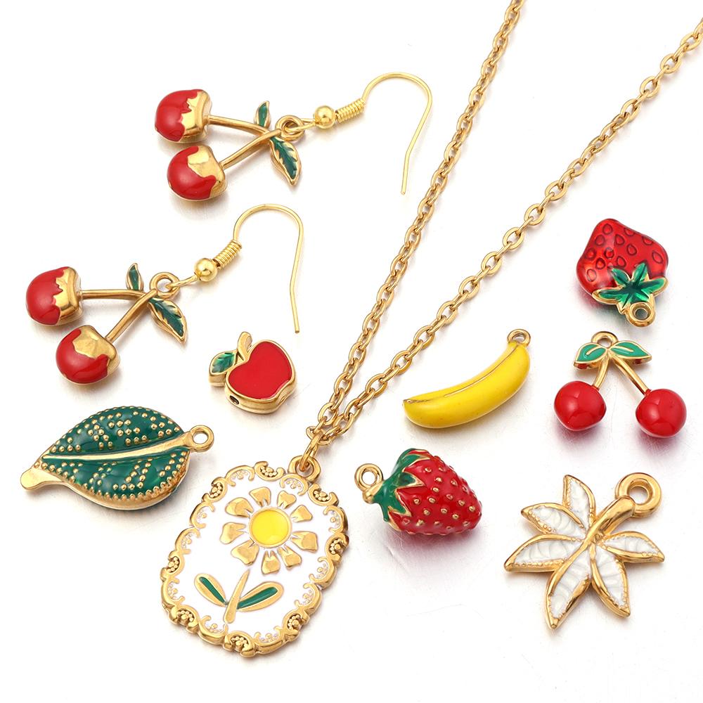 2pcs/lot Stainless Steel Enamel Charms Cute Fruit Strawberry Cherry Banana Flower Leaf Pendants For DIY Jewelry Making Necklace