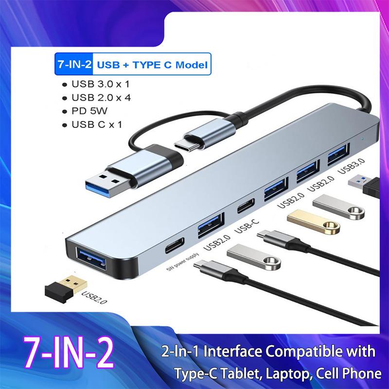 7-port USB 3.0 hub with 4 USB 2.0 and 2 USB-C ports USB-Csplitter distributor for high-speed data transfer and device connection