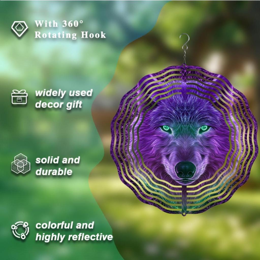 10-Inch Metal Wind Chime with 360° Swivel Hook - Handcrafted Purple & Green Wolf Design, Outdoor Garden Decor