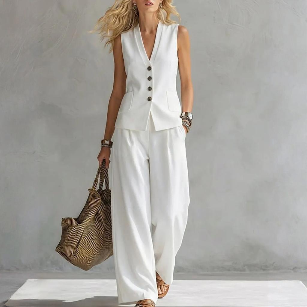 Women's Sleeveless Linen Vest and Wide Leg Pants Set Casual Summer Outfit Lightweight Breathable Fabric Relaxed Fit Two Piece