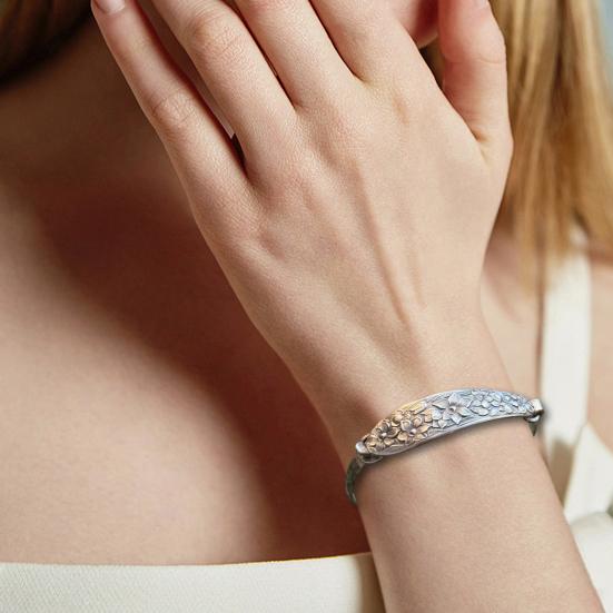Handmade Sterling Spoon Bangle Floral Pattern Opening Bangle Boho Style Handle Cuff Jewelry Accessories