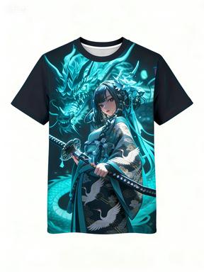 Men's Japanese Anime T-Shirt - Female Warrior and Dragon Graphic Short Sleeve